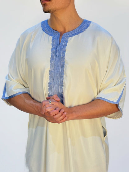 Moroccan Thobe - White / Breeze Blue