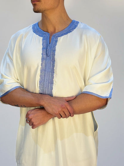 Moroccan Thobe - White / Breeze Blue