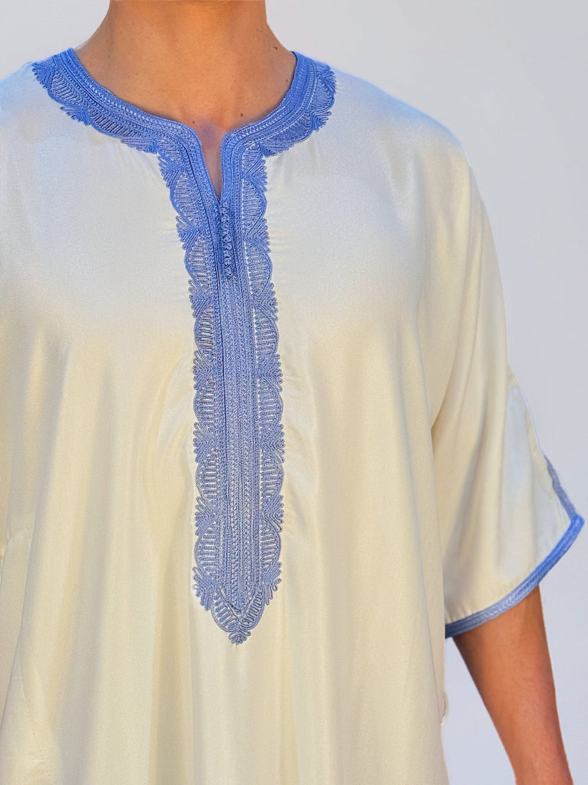 Moroccan Thobe - White / Breeze Blue